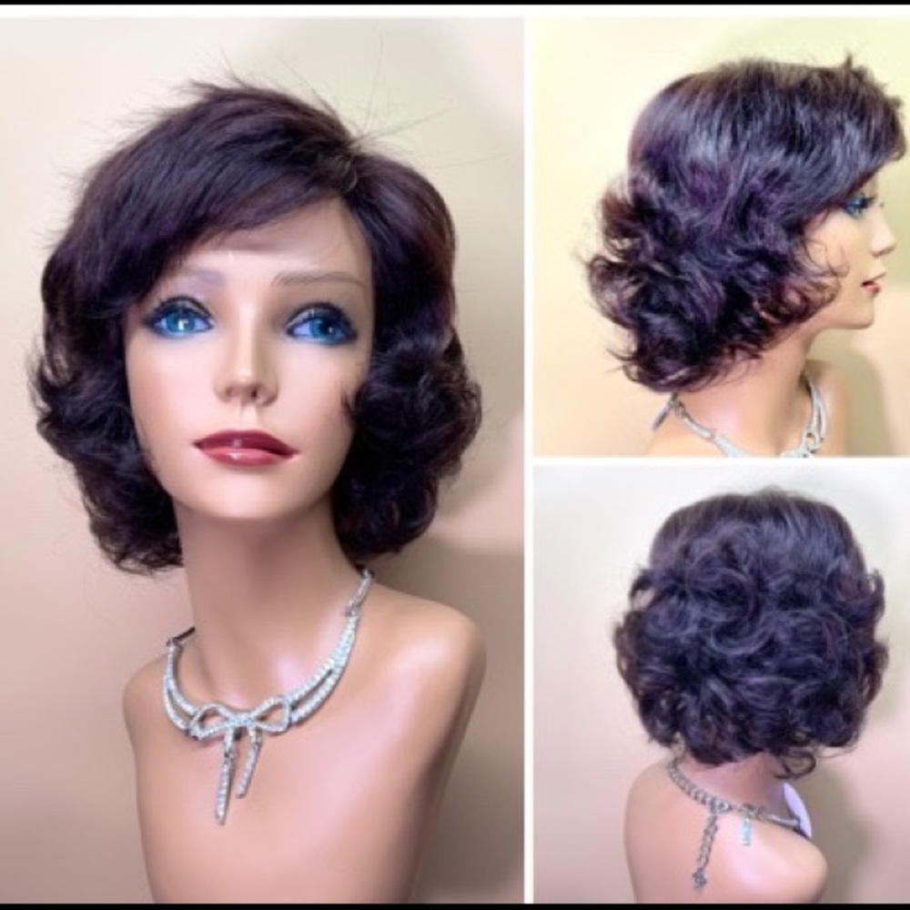 100% Human Hair water wavy bob 15” brown black small cap wig